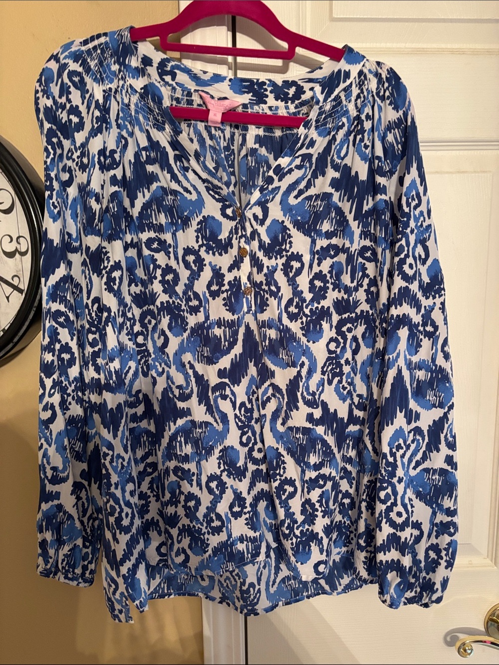 Lilly Pulitzer Blue and White Printed Long Sleeve Elsa Blouse